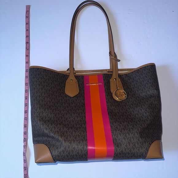 Michael Kors Eva Large Signature Logo Orange & Pink Stripe Tote Bag w/clutch - Picture 9 of 13